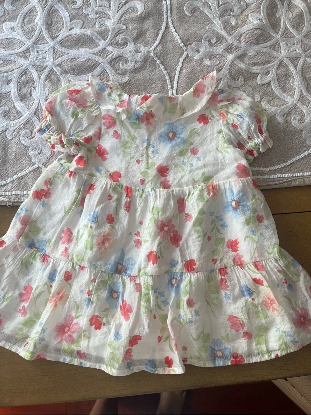 Old Navy White Floral Tiered Dress with Pink and Blue Flowers